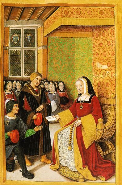 Bladzijde uit een bundel waarin een briefwisseling wordt gepresenteerd tussen Anne en haar gemaal koning Lodewijk. Anne de Bretagne overhandigt de brief aan een bode. Begin 16e eeuw, Bourdichon, handschriftverluchting.