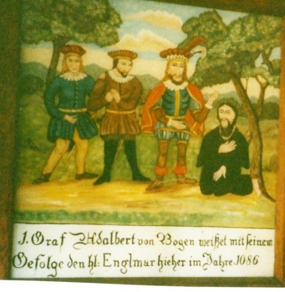 'Graf Adalbert von Bogen weisset mit seinem Gefolge den hl. Englmar hierher im Jahre 1086' (Graaf Adlbert von Bogen nodigt Englmar uit op zijn grondgebied)
