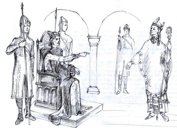 Willem de Veroveraar gebiedt Wulfstan als bisschop af te treden door zijn staf en ring in te leveren.