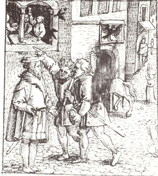 Meinrads raven wijzen de beide moordenaars aan in een herberg.