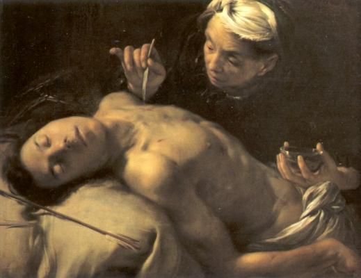 Irene verzorgt de wonden van Sebastianus.