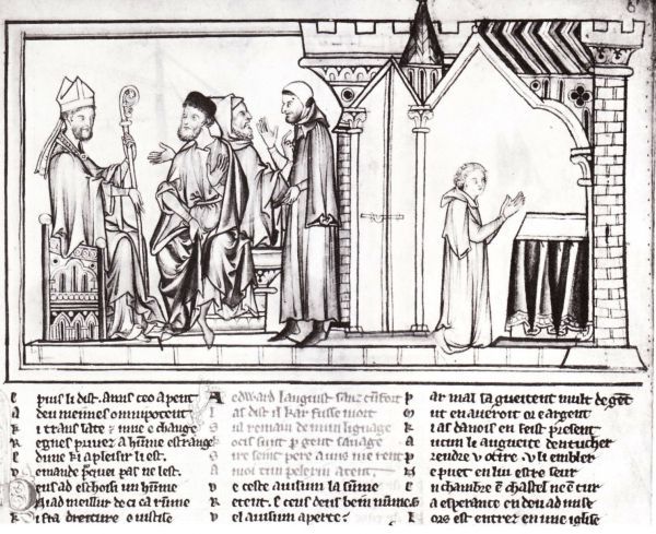 Links vertelt bisschop Brithwold aan zijn adviseurs dat hij in een nachtelijk visioen heeft voorzien dat de jonge Edward koning van Engeland zal worden. Rechts zit Edward te bidden.