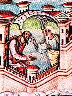 Ananias legt Saulus (latere Paulus) de handen op.