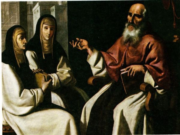 Hiëronymus in gesprek met Paula en Eustochium.