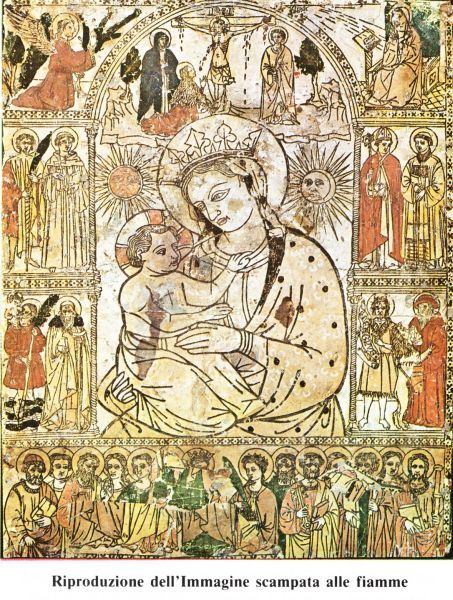De tekening op papier van Maria die bij de brand van 1428 te Forli, Italië, op wonderbaarlijke wijze werd gespaard.
