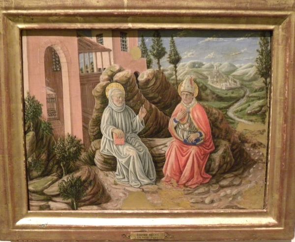 Sabinus (re. met mijter) in gesprek met zijn vriend Sint Benedictus.