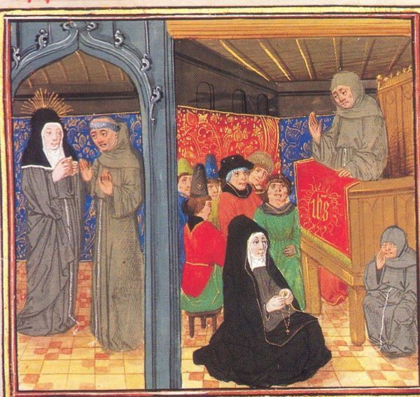 Terwijl Coleta in gesprek is met een franciscaner pater zorgt zij ervoor dat een medebroeder preekt voor het volk. Is dat Bernardinus van Siena? Die gebruikte immers graag het IHS-symbool.
