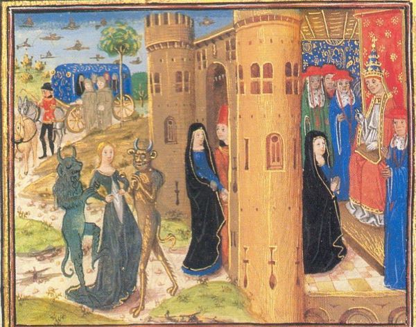 Achtergrond li: Coleta op weg naar paus Benedictus XIII die zich te Nice bevindt. Voorgrond links: een dame was vooruitgestuurd, maar raakt van de duivel bezetenen kleedt zich onwelgevoeglijk. Zij vindt genezing, kleedt zich naar behoren en kondigt de paus Coleta's komst aan.