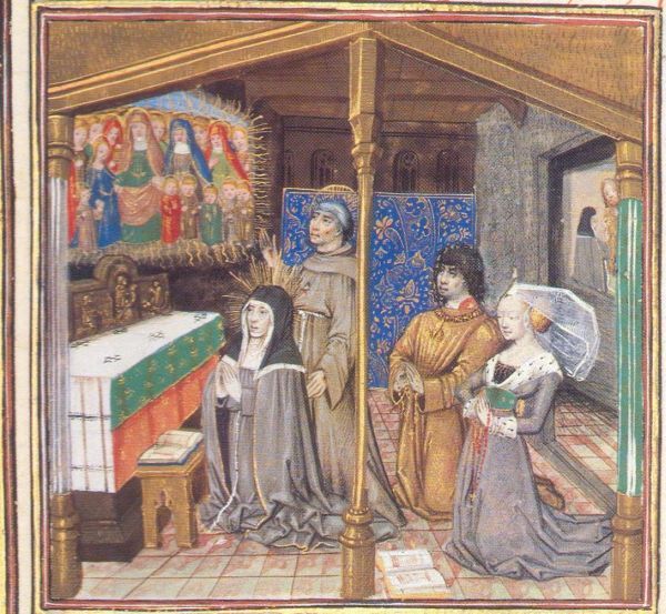 Aan Coleta (en Sint Franciscus!) verschijnt Sint Anna met de Heilige Familie. Volgens de middeleeuwse opvatting was Anna achtereenvolgens drie keer getrouwd. Dit tot troost van Karel de Stoute die achter de beide heiligen knielt met aan zijn zijde Margaretha van York, zijn derde(!) vrouw. Het gebedenboek waaraan deze verluchtingen zijn ontleend behoorde toe aan die Margaretha. Rechts op achtergrond steekt de evangelist Johannes een ring aan de vinger van Coleta, bevestiging van haar gelofte van maagdelijkheid.