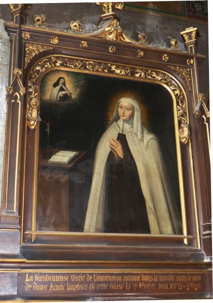 Marie de l 'Incarnation als karmelites met het beeld van Teresa van Avila voor ogen (op het onderschrift staat dat zij op 2 februari 1566 in deze kerk werd gedoopt).