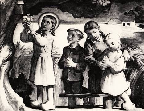 Kinderen brengen Maria een bloemenhulde, 1935.