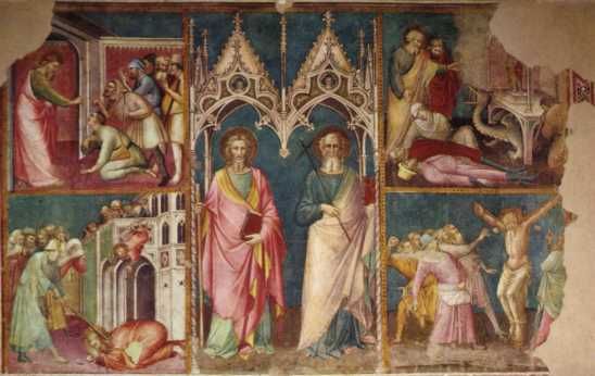 De apostelen Filppus en Jacobus temidden van scenes uit hun leven.