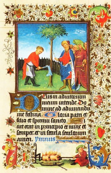 Illustratie bij de Legende van het Heilig Kruis: 'Toen Salomo zag hoe mooi die boom was, liet hij hem omhakken om hem te gebruiken bij de bouw van de boshut...'