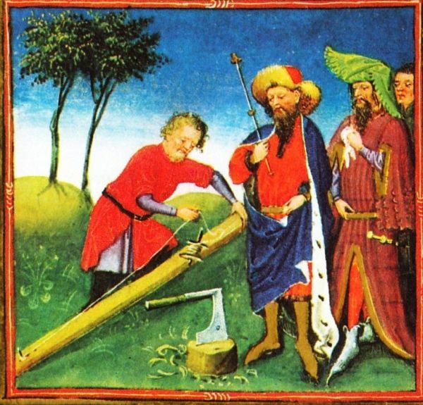 Illustratie bij de Legende van het Heilig Kruis: 'Maar het hout paste op geen enkele plaats van het huis: het was hier te lang en daar te kort...' We zien hoe het hout wordt opgemeten.