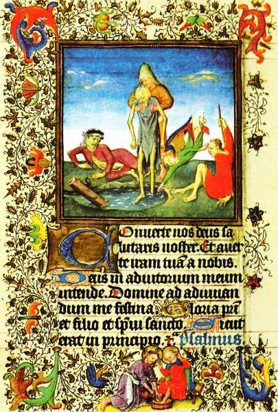 Illustratie bij de Legende van het Heilig Kruis: 'Salomo haalde dat hout weg en liet het diep in de aarde begraven. Maar juist op die plaats zou vele jaren later de schapenvijver worden aangelegd, waarin de Nathineeërs de dieren wasten die voor het offer waren bestemd. Volgens de overlevering zou dit de vijver van Siloam zijn geweest, waar zieken rond lagen in de schaduw van de zuilengalerij, en waar Jezus eens de lamme genas die al 38 jaar ziek was (Johannes 05). Vandaar dat de genezing van de zieken daar niet alleen plaats vond, omdat een engel het water aanraakte, maar ook door de kracht van dat hout!' We zien de vijver; op de voorgrond steekt het stuk hout eruit. Een zieke wordt het water ingedragen, terwijl een engel uit de hemel het aanraakt. Suggereert de kunstenaar beneden, dat de tobbe die Jezus gebruikte voor de voetwassing uit hetzelfde hout gesneden was?