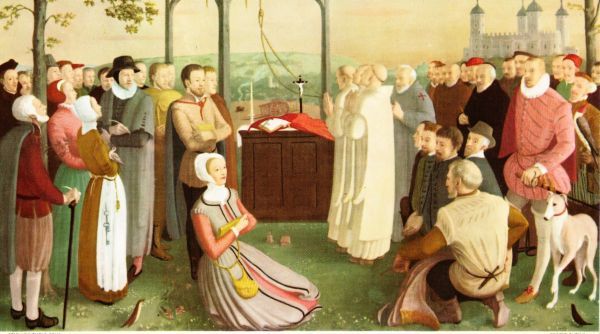 Achter Barlow: Henry Walpole (bruin gewaad, snor); daarachter: John Soutworth (pet, baardje); daarachter: Philip Howard (roze jak met hazewind). Achter Howard: Alban Roe (half verscholen achter Arrowsmith); daarachter: Edmund Arrowsmith (rode kap, groen boord); daarachter: Swithun Wells (wit haar; met valk); daarcahter Thomas Garnet (nog juist zichtbaar). Op de voorgrond tussen Reynolds en Howard: John Paine (dichtst bij Reynolds); daarachter: Ralph Sherwin; daarachter: Cuthbert Mayne; daarachter Henry More (hoed en wit haar); op voorgrond, half op rug: Nicholas Owen. ?