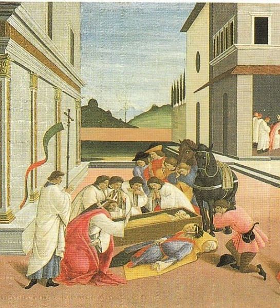 Nog wonderlijker was de volgende gebeurtenis. Zenobius reisde door de Alpen om ergens een nieuwe kerk in te wijden. Hij kwam een gezelschap tegen dat door bisschop Ambosius was gestuurd. Ze hadden relieken bij zich van de grote Milanese martelaren Vitalis en Agricola, Nazarius en Celsus, en Gervasius een Protasius. Deze waren bestemd voor het nieuwe kerkje. Maar de stemming van de groep was zeer bedrukt. De leider, een zekere Simplicius, was namelijk zojuist met paard en al van een rotspunt in de diepte gestort; nu lag hij daar dood met verbrijzelde ledematen. Zenobius steeg af, bracht hulde aan de kostbare relieken door ze te begroeten en te kussen. Hij knielde neer voor een innig gebed waarin hij om de voorspraak vroeg van deze heiligen voor het ongelukkige slachtoffer. Onmiddellijk stond de overledene op, volkomen gaaf van lijf en leden.