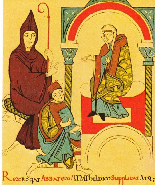Links boven, gekleed als abt, paus Gregorius. Aan zijn voeten ligt koning Heinrich iv geknield. Markgravin Mathilded bemiddelt. Het onderschrift luidt: 'De koning legt een verzoek voor aan de paus ('abbas' = 'vader'; dat is ook de oorspronkelijke betekenis van 'paus', vgl. het Italiaanse 'papa' en het Duitse 'Papst'); ook Mathilde richt een smeekbede.'