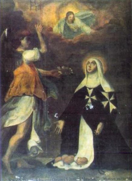 Maria verschijnt aan Flora in gebed; zij wijst naar de stoel die in de hemel voor haar door Christus wordt klaargehouden. Malta