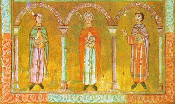 Abt Ramwold van Regensburg (midden), geflankeerd door twee van zijn latere opvolgers: li: Eberhard i (1066-1070); re: Ruotpert (1070-1095).