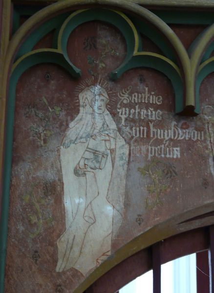 Bijschrift: 'Sint Petrus zijn huisvrouw Perpetua'.