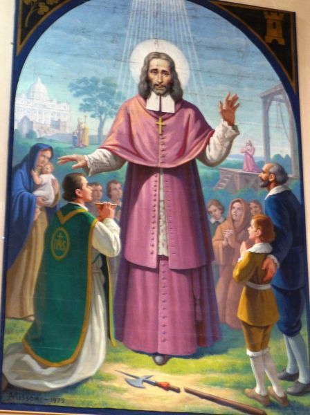 Oliver Plunkette vereerd. Op de achtergrond links: Sint Pieter in Rome; rechts: Tyburngalg