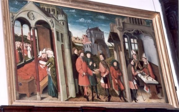 Links: Ulrich krijgt in een droom bezoek van Sint Afra. Midden: Viswonder: op donderdagavond gaf hij de bode van Conrad van Konstanz een stuk vlees mee, maar om Ulrich in een kwaad daglicht te stellen wilde de bode het vlees op vrijdag serveren, het vlees bleek echter in vis veranderd. Rechts: Ulrich en Konrad met de vis.