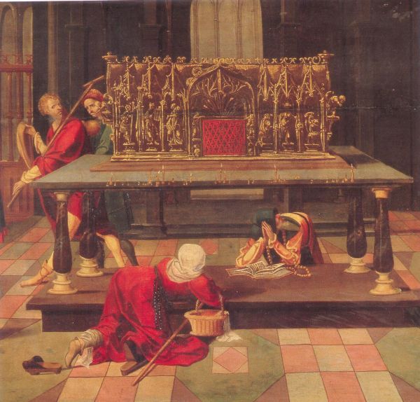 Pelgrims komen de voorspraak inroepen van Sint Agilolf bij diens schrijn in de Keulse kerk Sankt Maria in Gradus.