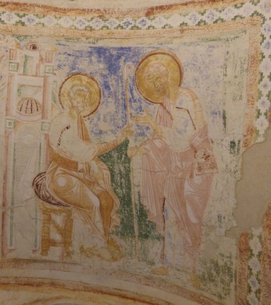 Petrus zendt zijn leerling Markus, de evangelist, naar Aquileia (reikt hem zijn staf over!).