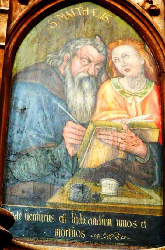 Matteus met onderschrift: 'Inde venturus est Iudicare vivos et mortuos' (Vandaar zal Hij komen oordelen de levenden en de doden).