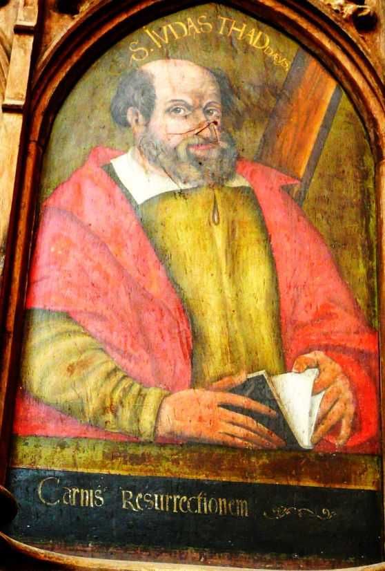 Judas Thaddeus met onderschrift: 'Carnis resurrectionem' (De verrijzenis van het lichaam).