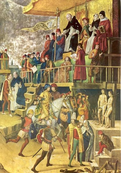 Auto-de-fe (= officiële ten-uitvoer-legging van een vonnis van de Inquisitie; meestal doodvonnis) o.l.v. Sint Dominicus.