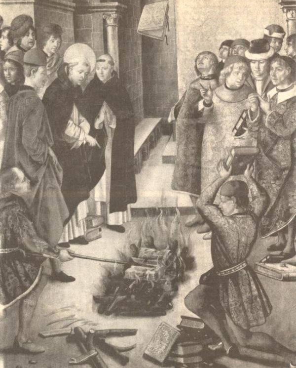 Gnostieke boeken van Katharen worden verbrand.