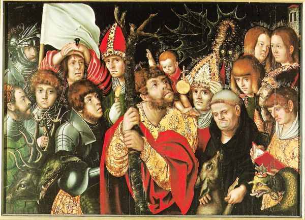 ± 1506, Lucas Cranach Sr Duitsland Veertien Noodhelpers Achatius, Barbara (kelk), Blasius (twee kaarsen), Catharina (rad), Christophorus, Cyriacus, Dionysius (Denis; hoofd in handen), Erasmus (spoel), Eustachius (hert met kruis in gewei), Georgius (Joris: draak), Gilles met hert tegen zich op, Margaretha (draak aan ketting), Pantaleon (handen op hoofd gespijkerd), Vitus (pot).