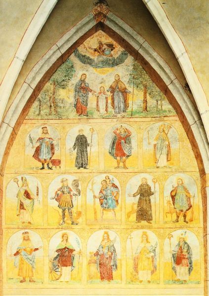 Veertien Noodhelpers Achatius, Barbara (kelk), Blasius (twee kaarsen), Catharina (rad), Christophorus, Cyriacus, Dionysius (Denis; hoofd in handen), Erasmus (spoel), Eustachius (hert met kruis in gewei), Georgius (Joris: draak), Gilles met hert tegen zich op, Margaretha (draak aan ketting), Pantaleon (handen op hoofd gespijkerd), Vitus (pot).