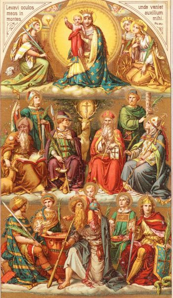± 1880, boekverluchting Veertien Noodhelpers Achatius, Barbara (kelk), Blasius (twee kaarsen), Catharina (rad), Christophorus, Cyriacus, Dionysius (Denis; hoofd in handen), Erasmus (spoel), Eustachius (hert met kruis in gewei), Georgius (Joris: draak), Gilles met hert tegen zich op, Margaretha (draak aan ketting), Pantaleon (handen op hoofd gespijkerd), Vitus (pot).