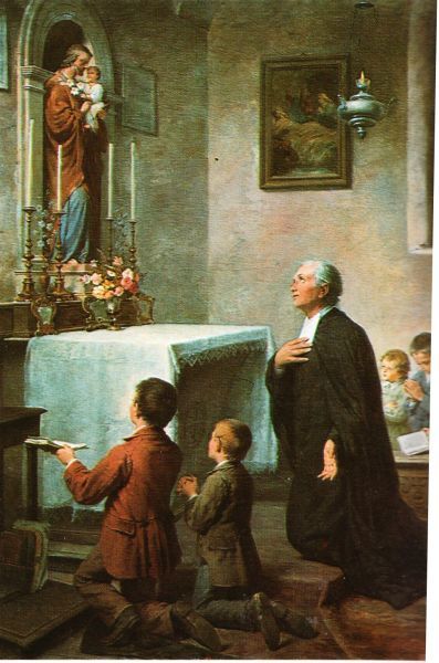 Meester Benilde heeft het beeld van Jezus' voedstervader Sint-Jozef voor ogen, als hij zorg draagt voor zijn leerlingen. Frankrijk(?)