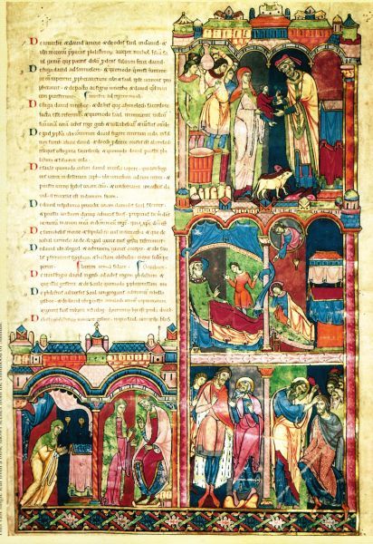 Scénes uit Samuels leven: 1+2 (links onder): Moeder Hanna bidt in het heilgdom om een kind; de priester Eli denkt dat ze dronken is, berispt haar, en zij legt haar noodsituatie uit. 3 (rechts boven): Hanna komt de kleine Samuel aan God aanbieden, en draagt hem over aan Eli. 4 (rechts midden): God roept de slapende, kleine Samuel; hij gaat naar Eli in de mening dat die hem geroepen heeft; 5 (rechts onder): Samuel op bezoek bij Jesse en zalft diens jongste zoon David tot toekomstig koning.