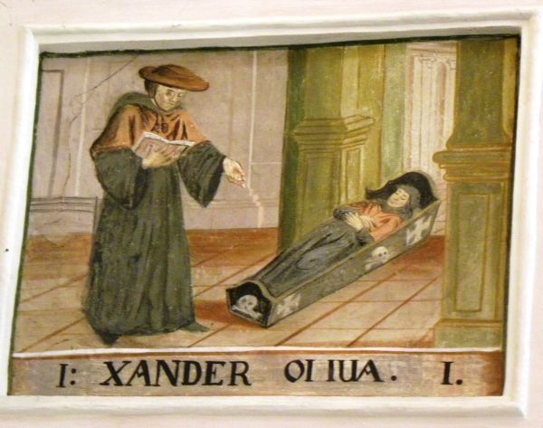 Alexander Oliva staat een gestorvene bij. 18e(?0 eeuw, wandschildering