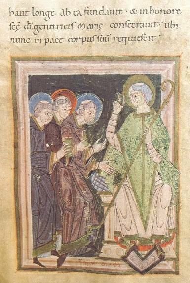 <11e eeuw, manuscript Mummolinus, Bertinus en Ebertramnus bieden zich aan aan bisschop Audomarus.
