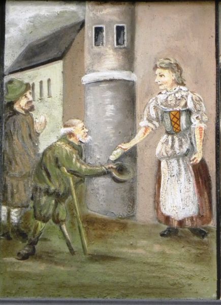 Armen geeft Notburga brood.