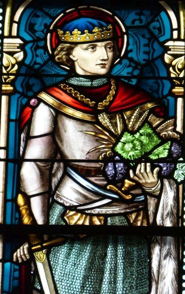 Wenceslaus met de door hem zelf gekweekte tarwe en druiven (detail van een raam dat aan de eucharistie is toegewijd).