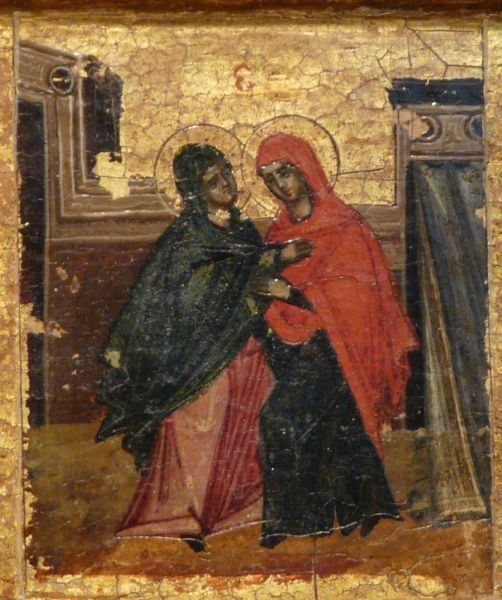 5. En de maagd, toen haar schoot de Zoon van God hield omsloten, bezocht Elisabeth haar genote; door wier kindje haar groet, zeer verheugd werd beantwoord, daar 't opsprong van vreugd, - springende als zingende - de moeder Gods begroetend door zijn jubelstoten:...