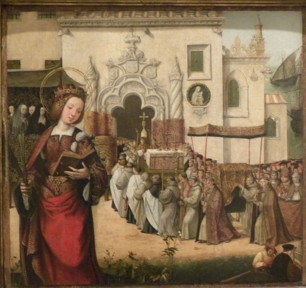 Auta is een van de legendarische gezellinnen van Sint Ursula, vereerd in Portugal. Zij staat op de voorgrond met martelaarspalm; op de achtergrond: de overbrenging van haar relieken.