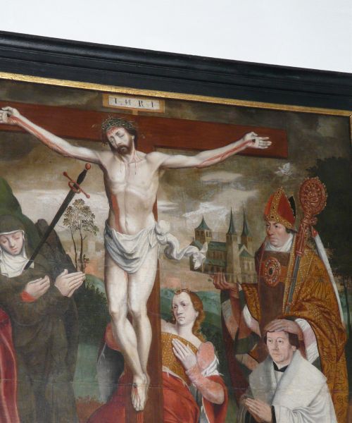Kunibert (met kerkmodel; en hand op hoofd kanunnik = opdrachtgever schilderij) bij de kruisiging.