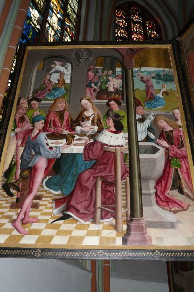 Scènes uit het leven van Cecilia. Voorgrond huwelijksmaal, moment waarop Cecilia Valerianus ingeeft als maagd door het leven te willen gaan.. Voorgrond rechts: Valerianus laat zich dopen. Achtergrond midden: Cecilia in ketel kokende olie gezet; rechts: marteldood Cecilia; links: een engel plaatst kroon op de hoofden van Cecilia en Valerianus.
