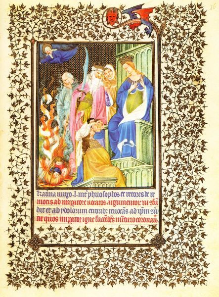 Catharina bekeert de vijftig filosofen. illuminatie getijdenboek Duc du Berry.
