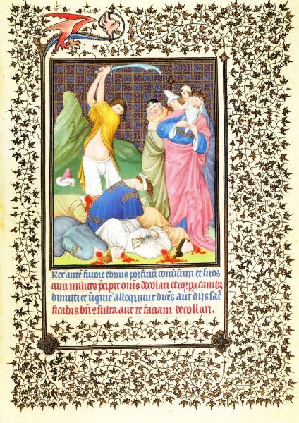 Door Catharina bekeerde Porfyrius gedood. illuminatie getijdenboek Duc du Berry.