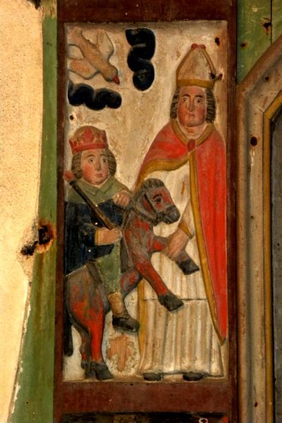 Eligiusaltaar : onder inspiratie van de Heilige Geest pakt hij ben van vorstelijk paard.