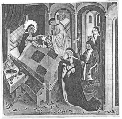 Haar medezusters beseffen tot hun schrik, dat Odilia de laatste sacramenten niet heeft ontvangen. Om hen gerust te stellen keert zij tot het leven terug, ontvangt voor de laatste keer Lichaam en Bloed (kelk!) des Heren, en sterft opnieuw.